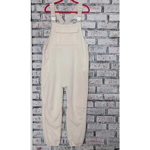 Off White Fleece Cargo Overalls Bibs Salopettes Women Sz L Adjustable 90s Clean